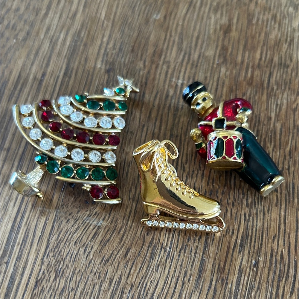 Festive Gold and Red Holiday Brooch Set